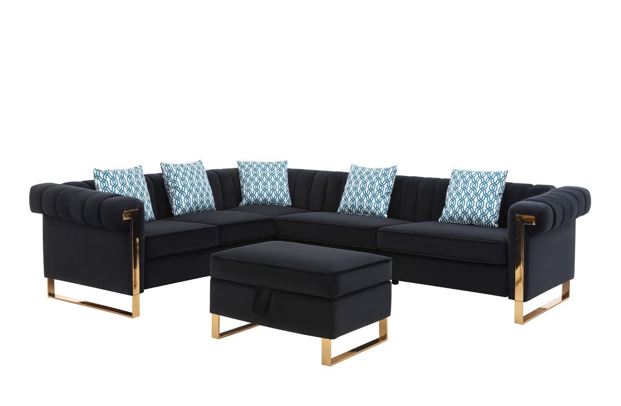 Lilola Home Maddie Black Velvet 6-Seater Sectional Sofa with Storage Ottoman